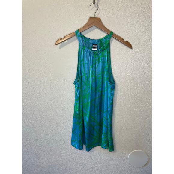 Anni Kuan Blue & Green Tropical Print High Neck Silk Tank/ Blouse Y2K Medium - Picture 6 of 9